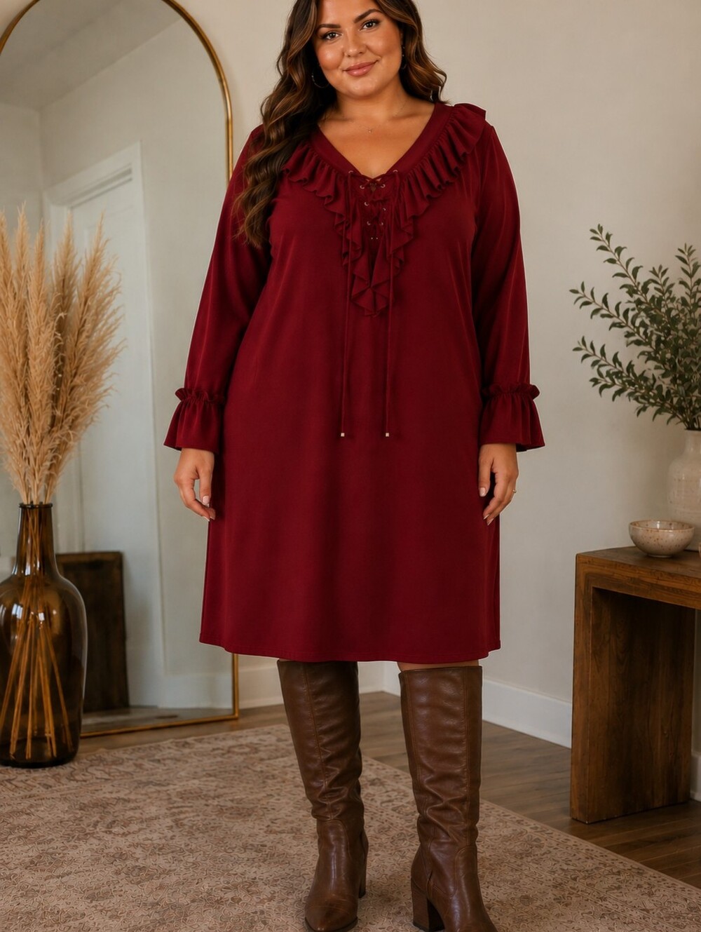 Avenue 22/24 Burgundy Ruffle Lace Up Boho Midi Dress Plus Size - Picture 8 of 8